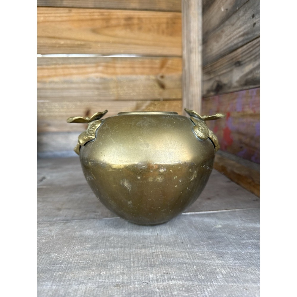 Brass Bowl Pot Vase Art Deco Nouveau Style Vintage Floral Lillipad Handles